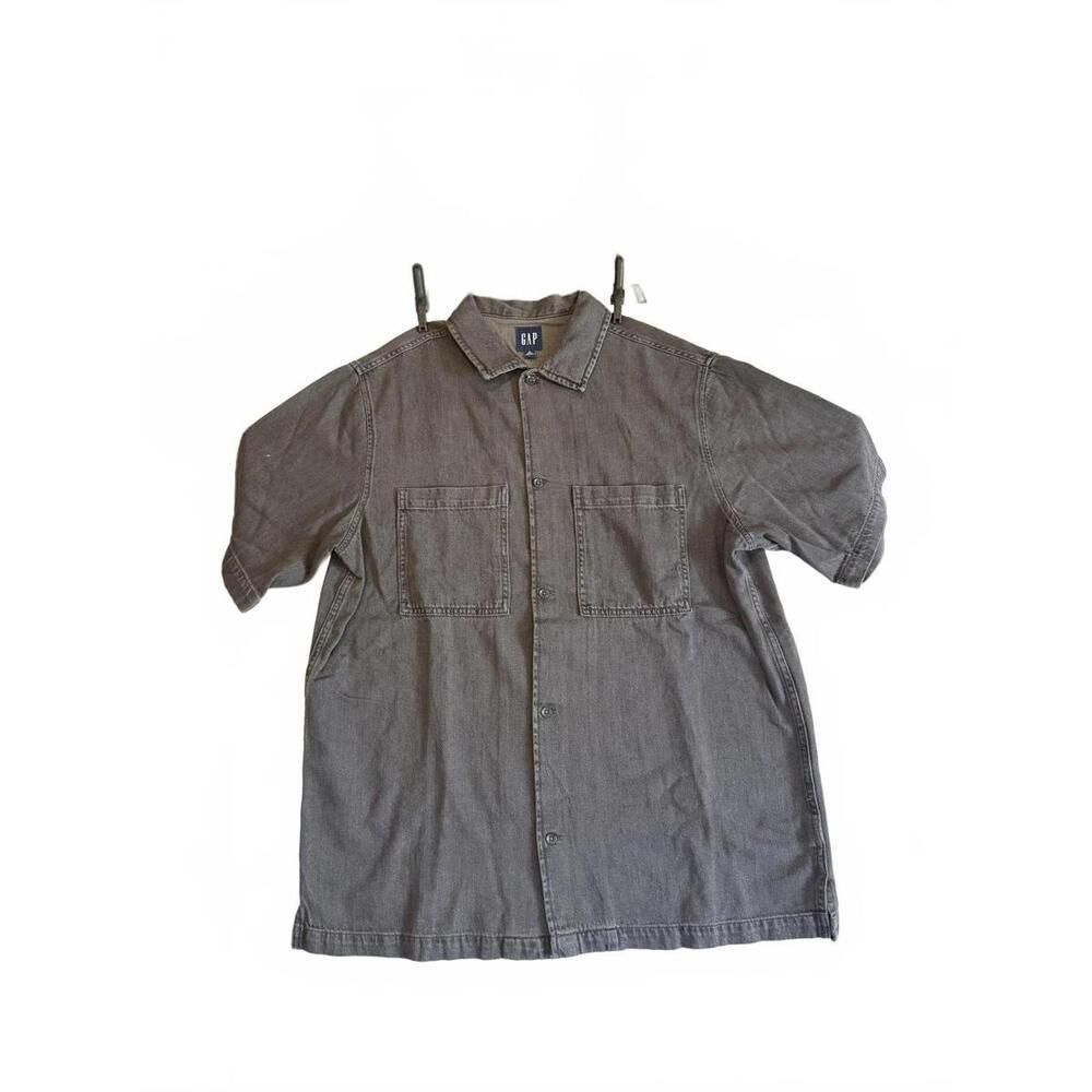 GAP Gray Short Sleeve Button-Up Shirt Men’s Large Tall Chambray Utility Casual